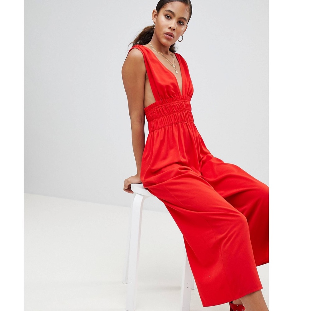 ASOS Design Tall Ruched Waist Plunge Jumpsuit